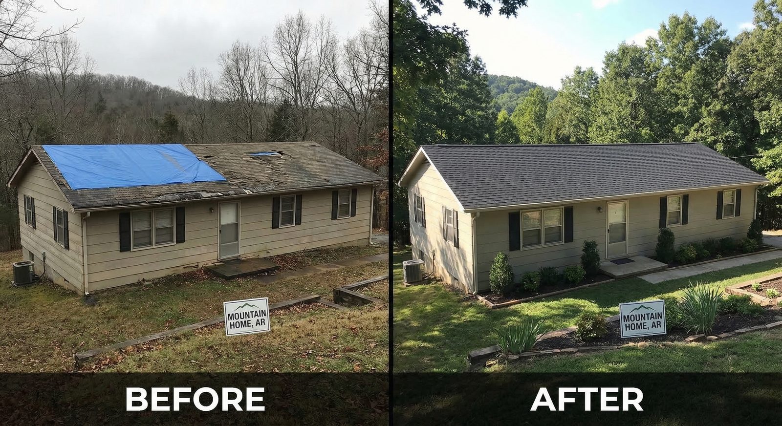 Before and after roof restoration in Mountain Home, AR by Mountain Home Emergency Roof Tarping