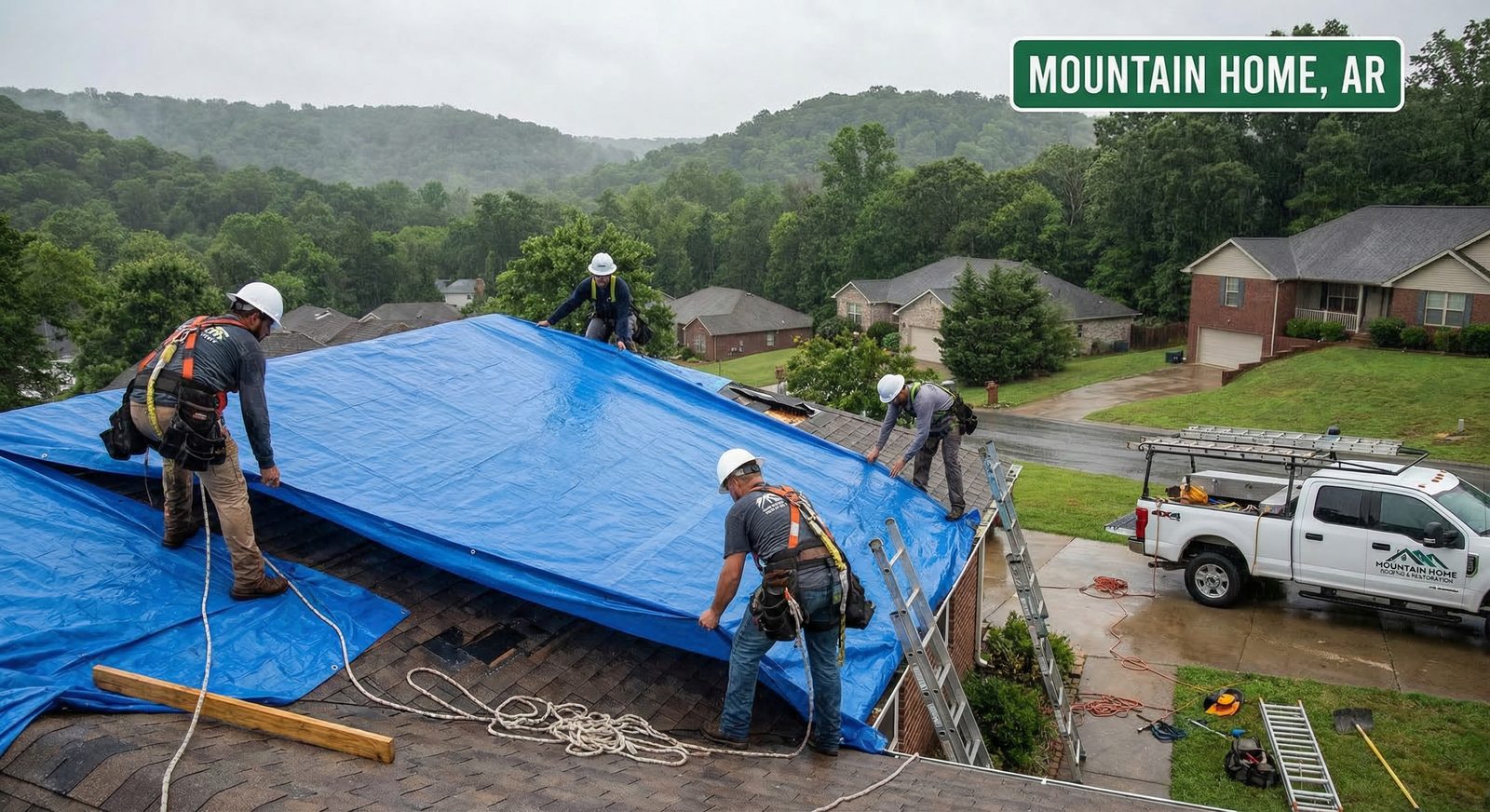 Mountain Home Emergency Roof Tarping crew performing emergency roof repair in Mountain Home, AR