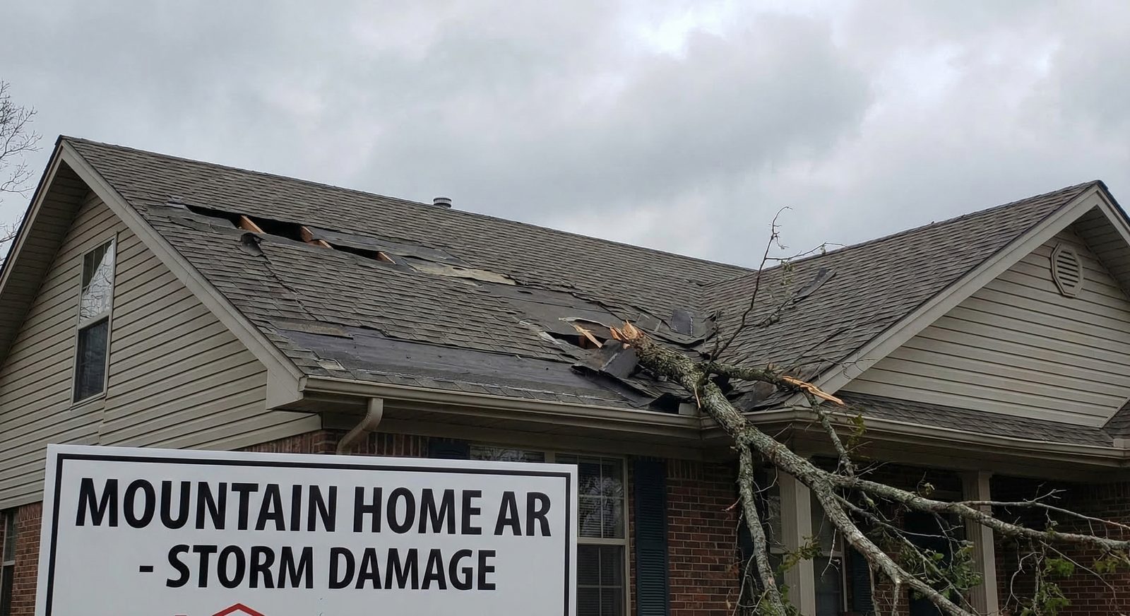 Wind damage to residential roof in Mountain Home, AR requiring professional repair